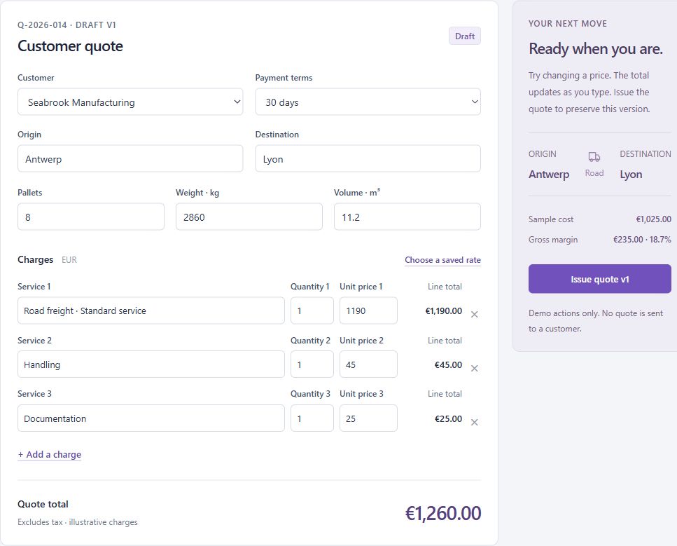 Fictional website demo showing a sample quotation, charges and total.