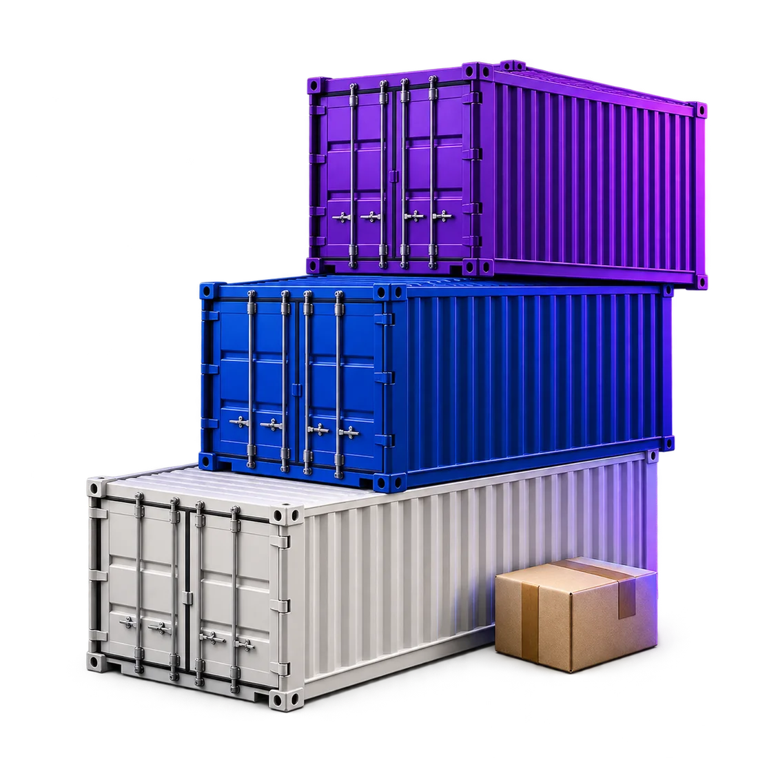 Compoziție cu containere de transport violet, albastre și albe